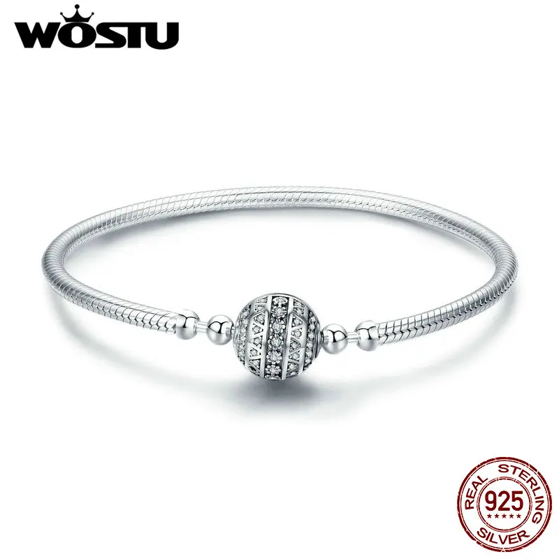 

WOSTU Real 925 Sterling Silver Sparkling Ball Bracelet & Bangles For Women Fit DIY Charms Beads Original Jewelry Gift FIB062