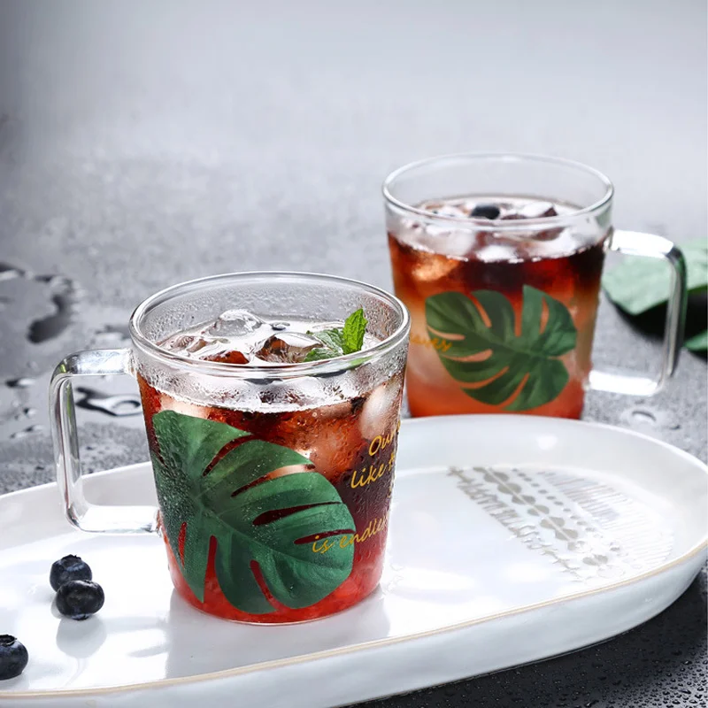 2 шт. стеклянная кофейная чашка пивная стеклянная Питьевая кружка es tea Milk кружка с квадратная ручка Monstera узор посуда для напитков подарки 350 мл