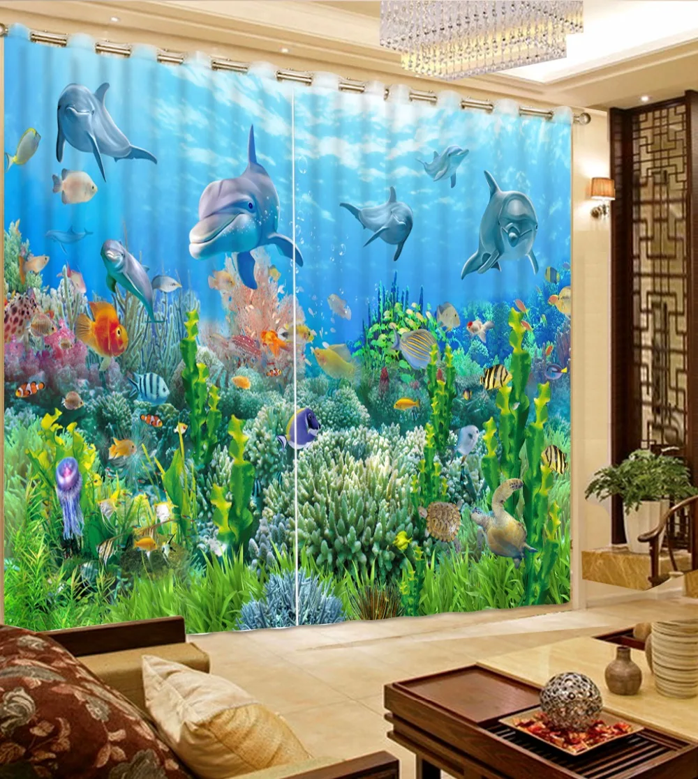 

Custom Any Size 3D Curtain Coral Blue Ocean Dolphin Curtain Bed Room Living Office Cortinas Blackout Bathroom Shower Curtain