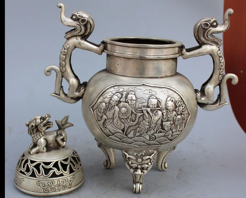 decoration bronze factory outlets Tibet Silver 15&quotMarked Chinese 8 god Eight immortal Dragon Lion Beast Incense Burner | Дом и сад