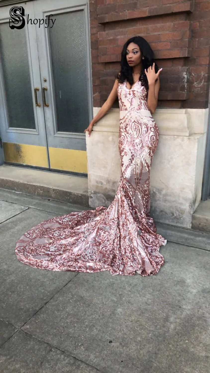 

Long Sparkly Prom Dresses 2020 Sexy V-neck Sleeveless Elegant Slim Sequin African Black Girl Mermaid Ladies Prom Dress Queen