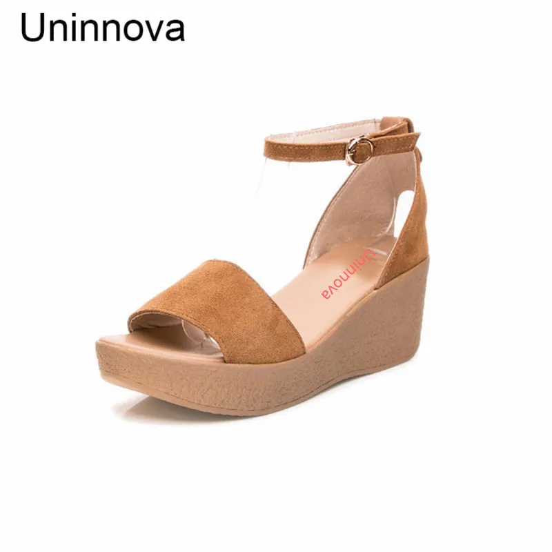 แพลตฟอร์มรองเท้าแตะสายคล้องข้อเท้าส้นรองเท้ารองเท้าส้นสูงรองเท้าแตะ Uninnova ไวน์สีดำภายนอกข...
