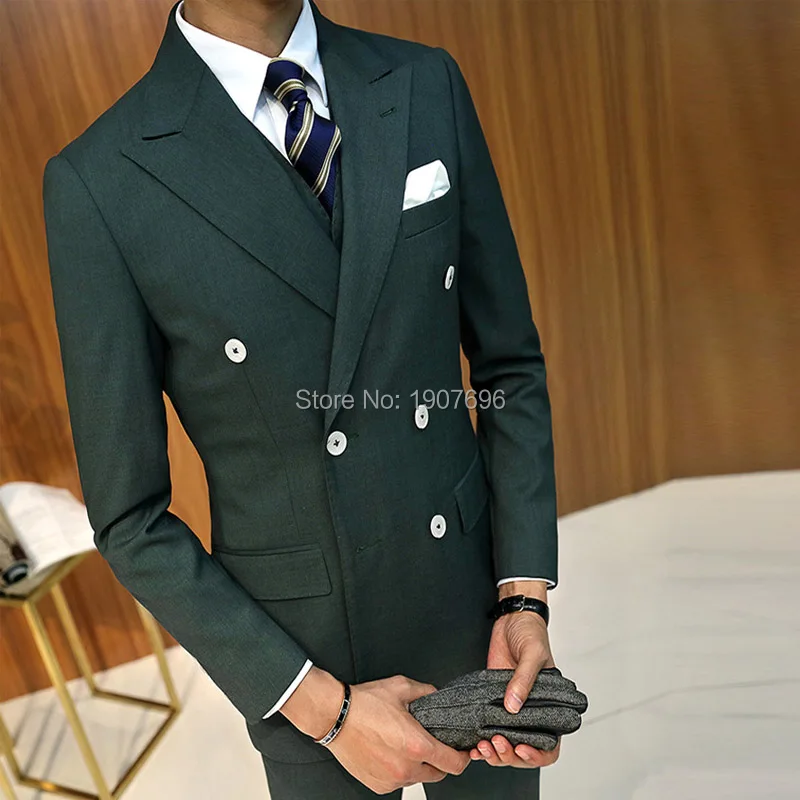 Двубортный Slim Fit Мужские свадебные костюмы на выпускной темно-зеленый смокинги для жениха 3 шт. мужской комплект одежды куртка брюки жилет