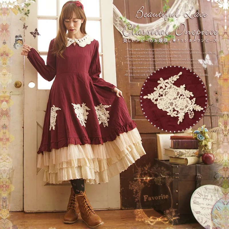 

Mori Girl Ruffle Dress Women Lace Floral Embroidery Lolita Dress Autumn Winter Peter Pan Collar Long Sleeve Retro Dress T418