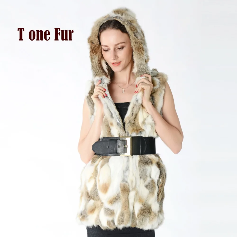 Новый настоящий мех кролика жилет с капюшоном женская тонкая шуба из рекс зимняя