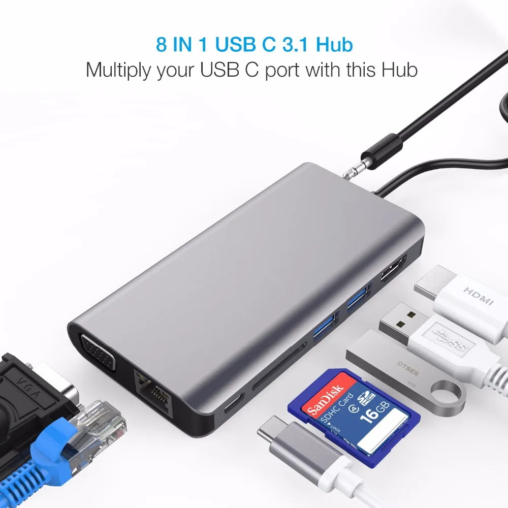 Концентратор Type C USB 4K HDMI VGA RJ45 SD 3 0 ключ для ноутбука или смартфона с портом Thunderbolt