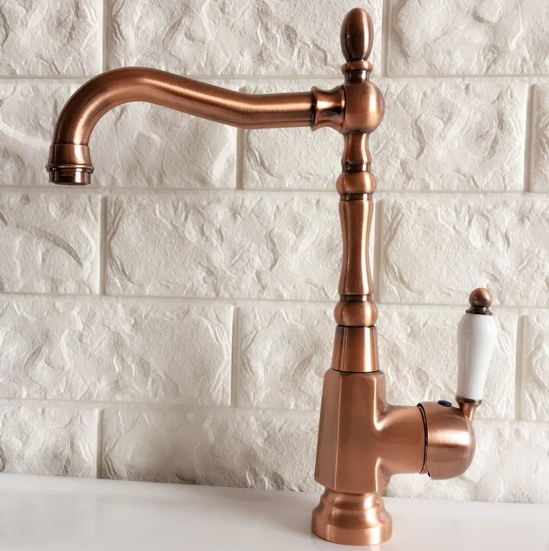 Antique Red Copper Brass Bathroom Kitchen Basin Sink Faucet Mixer Tap Swivel Spout Single Handle One Hole Deck Mounted mnf416