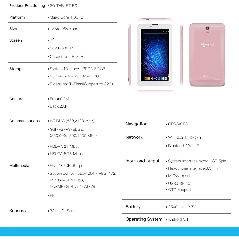 Yuntab 7 дюймов планшетный ПК из сплава E706 Android 5,1 четырехъядерный 1G+ 8G с нормальным размером sim-карты сотовый телефон Двойная камера розовое золото