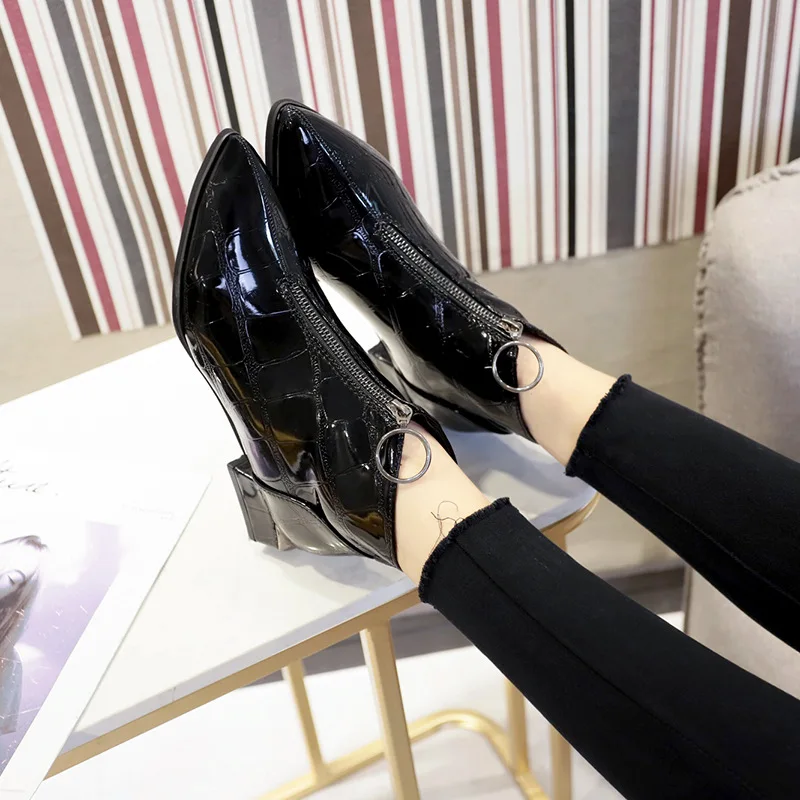 Ботильоны женские из жапанной кожи на молнии спереди Крокодиловая текстура