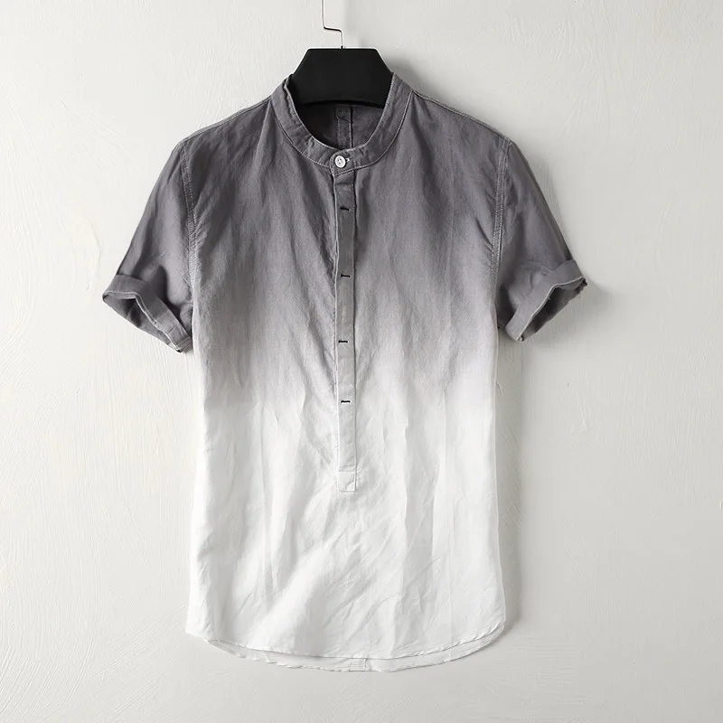 Мужская льняная рубашка с градиентом и коротким рукавом Классическая воротником