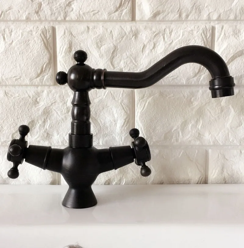 Black Oil Rubbed Brass Dual Cross Handles One Hole Bathroom Kitchen Basin Sink Faucet Mixer Tap Swivel Spout Deck Mounted mnf362 |