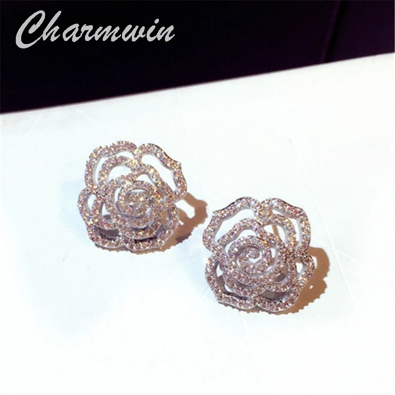 Charmwin новые серьги гвоздики для женщин изысканные цветочные из горного хрусталя