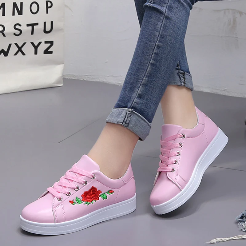 Women Sneakers Pu Leather Embroidery Flat Platform Lace Up Shoes Woman Casual White espadrilles 6739 | Обувь