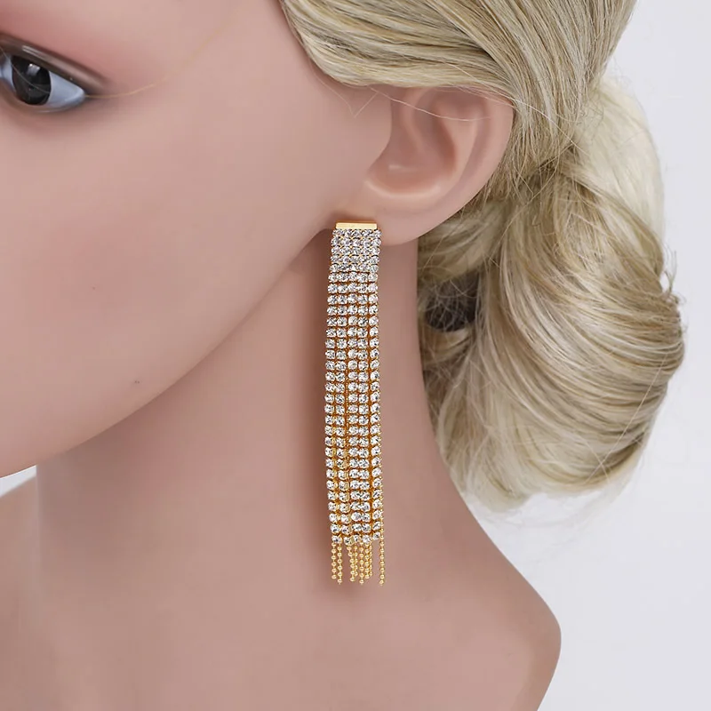 BLIJERY Silver/Black/Gold Color Crystal Long Tassel Earrings for Women Bar Wedding Bridal Dangle Earings Night Party Jewelry