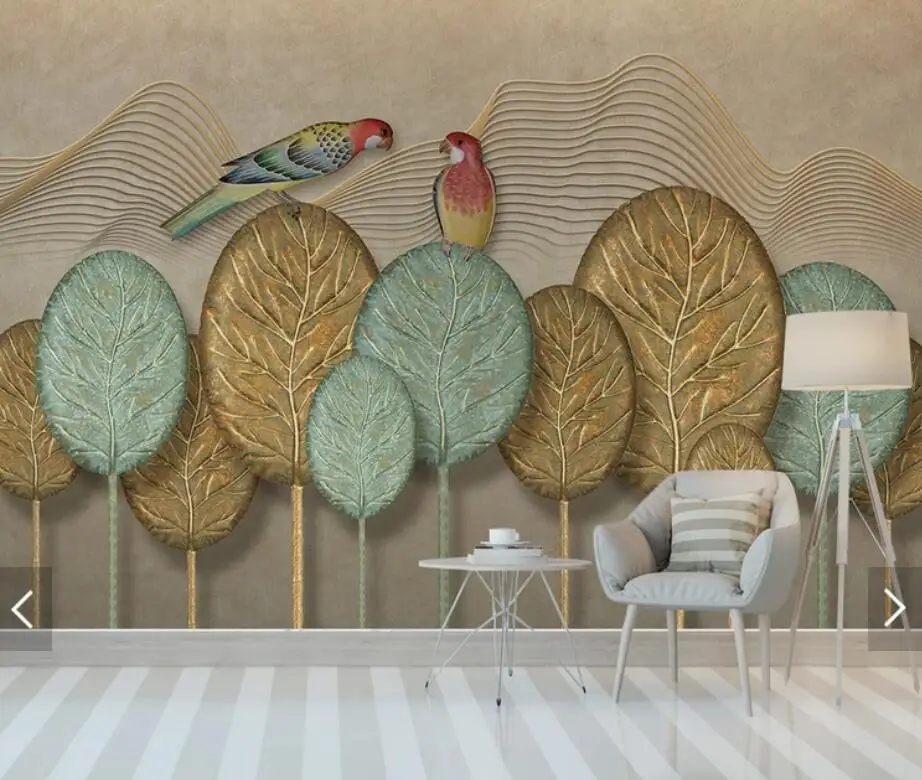 Hand Painted Gold Tree Leaf Parrot Wallpaper Mural Wall Decor Wall Paper Rolls 3D Wall Murals Contact Paper Customize