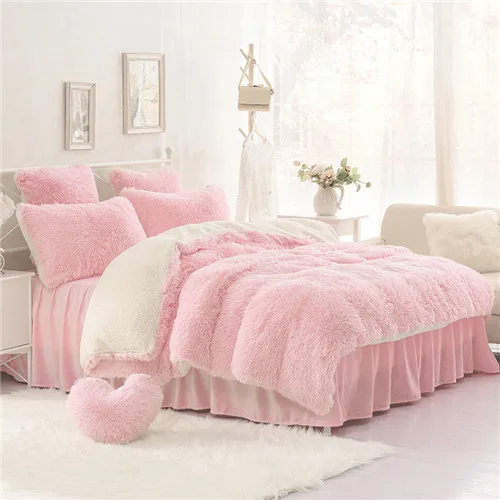 pink Зимний комплект постельного белья с длинными волосами, кашемировый лист, наволочка и пододеяльник, набор из верблюжьего флиса, теплое постельное белье с оборками, комплекты постельного белья - Цвет: pink