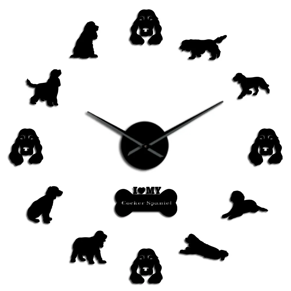 Black Настенные Стикеры с зеркальным эффектом Cocker Spaniels, большие настенные часы для самостоятельной сборки, домашние декоративные настенные часы для собак, домашних животных - Цвет: Black