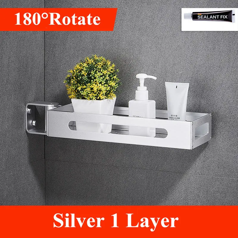 Silver 1 Layer Ванная 1 \ 2 \ 3 ярусная черная стойка для специй, кухонная стойка для кладовой, органайзер, настенная, вращающаяся на 180 градусов угловая полка - Цвет: Silver 1 Layer
