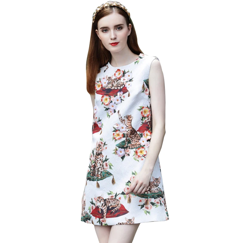 

Spring Summer Dress 2019 High Quality Women Runway Plus Size O-neck Sleeveless Kitten Printed Flowers Elegant Dress
