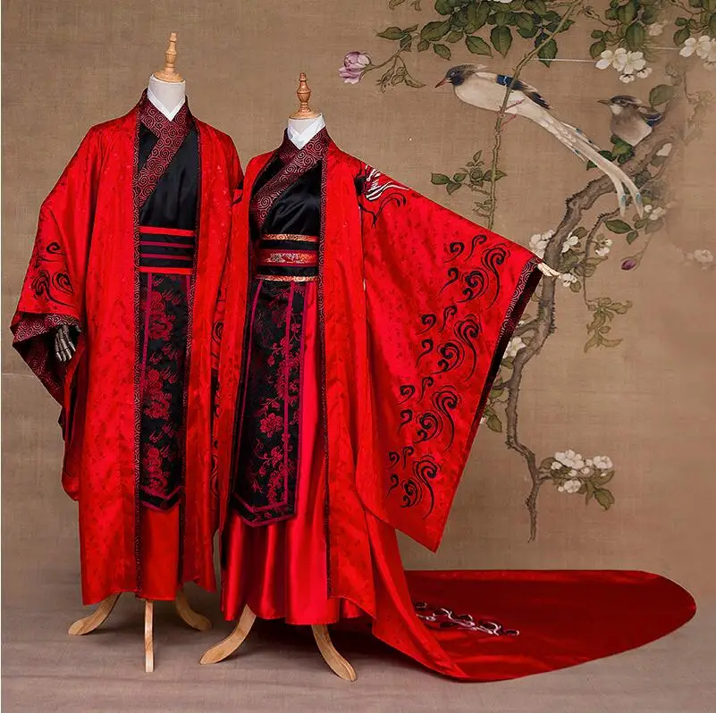 

Chinese Anceint Wedding Hanfu Groom Bride Couple Suits China Traditional Black Red Embroidery Costume Long Tail Wedding Dresses