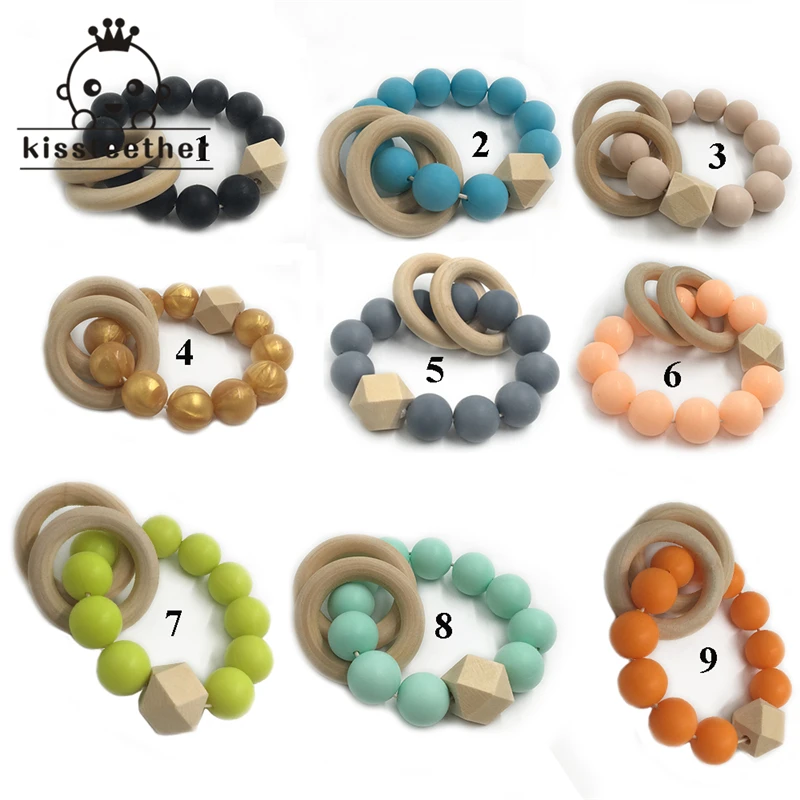 Mordedor de silicona hecho a mano para beb&eacute;, cuentas de silicona para lactancia, dentici&oacute;n, anillo de madera con pulsera, elefante de madera, 2 uds.-1