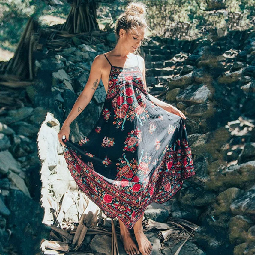 Платье женское в стиле бохо с винтажным принтом пикантное пляжное платье без