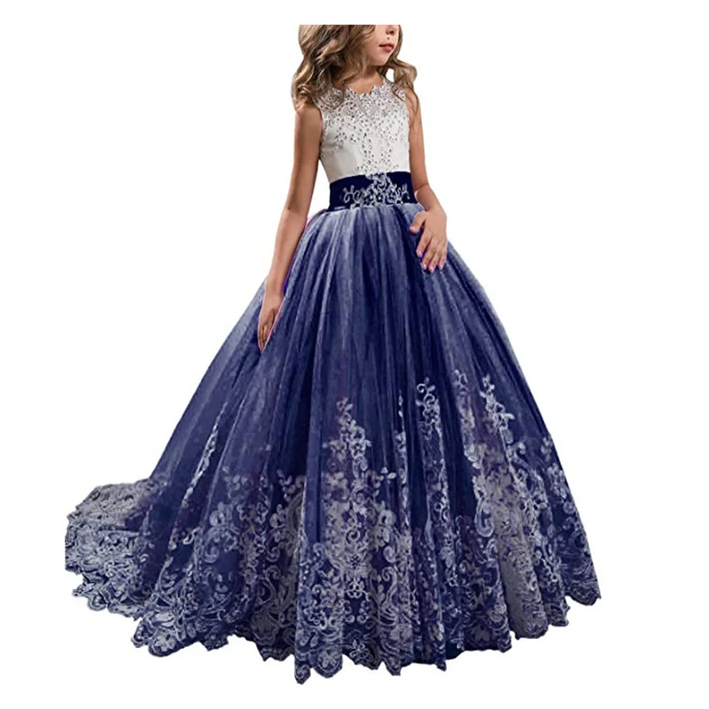 Navy blue Платья для девочек, держащих букет невесты на свадьбе, с бантом, расшитым бисером, со стразами, на шнуровке, с аппликацией, бальное платье, платье для первого причастия для девочек, на заказ - Цвет: Navy blue