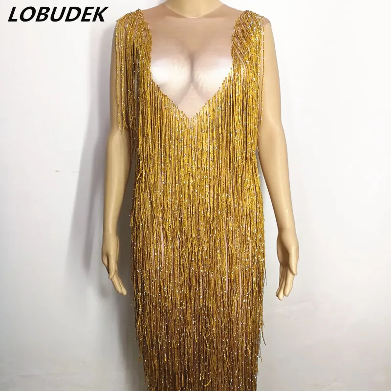 Sparkly Rhinestones Gold Long Tassels Dress Sexy Nightclub DJ Singer Stage Costume Bar Prom Party Clothing Model Catwalk Dresses