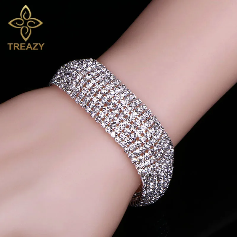 Роскошные свадебные браслеты TREAZY 8 рядов Стразы для женщин Серебристые с