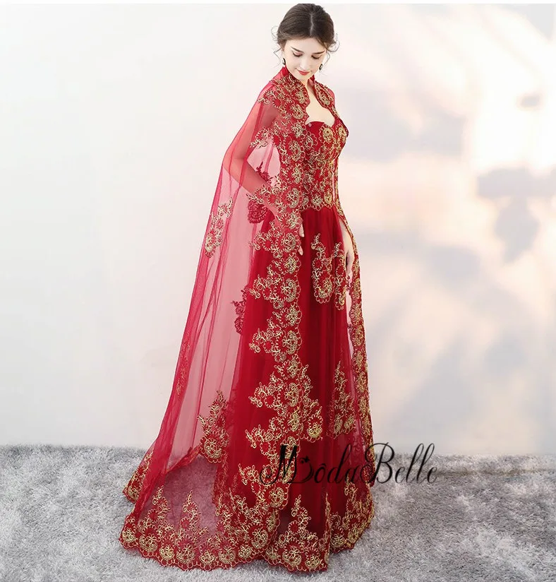 modabelle 2018 Muslim Burgundy And Gold Lace Evening Dress With Cape Caftan Marocaine Long Party Vintage Formal Gown | Свадьбы и