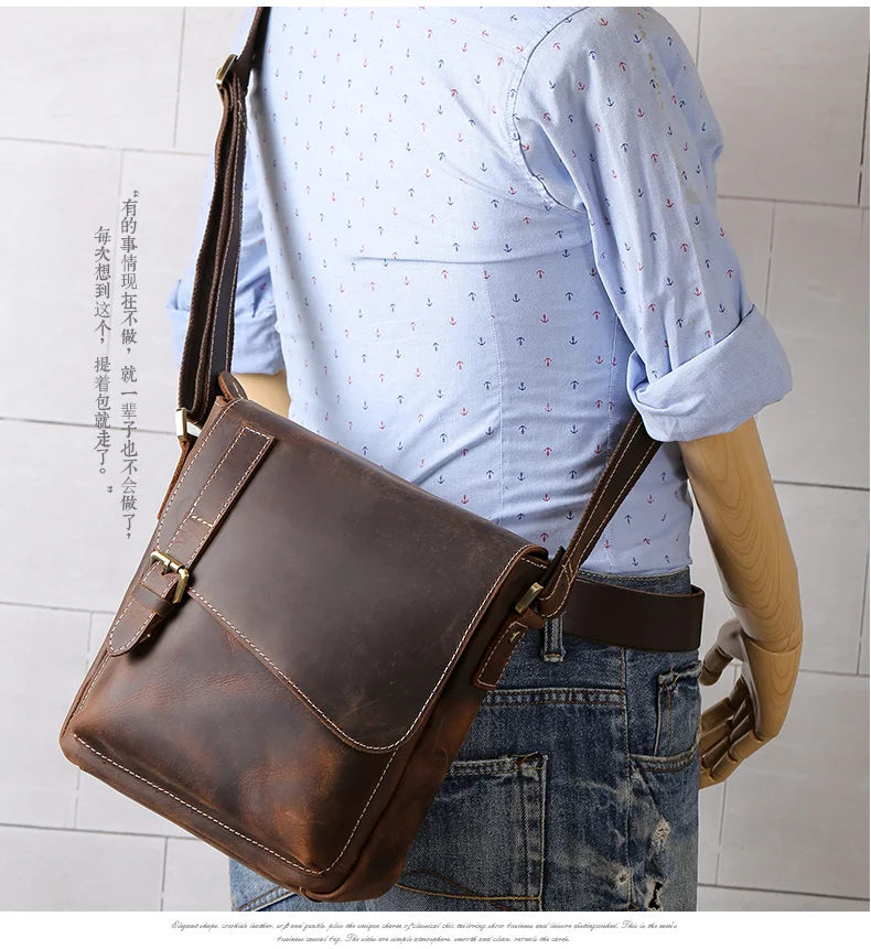 

Men Shoulder bags genuine leather2017luxury crazy horse leather bag designer brand business vintage small brown crossbody bags