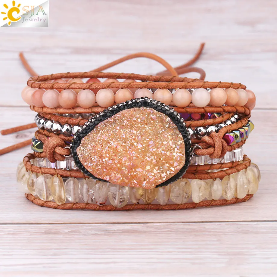 CSJA целебные ювелирные изделия из кристаллов для женщин талисманы Bling желтый кварц Друза геод камни бисером обёрточная Бумага браслет S377