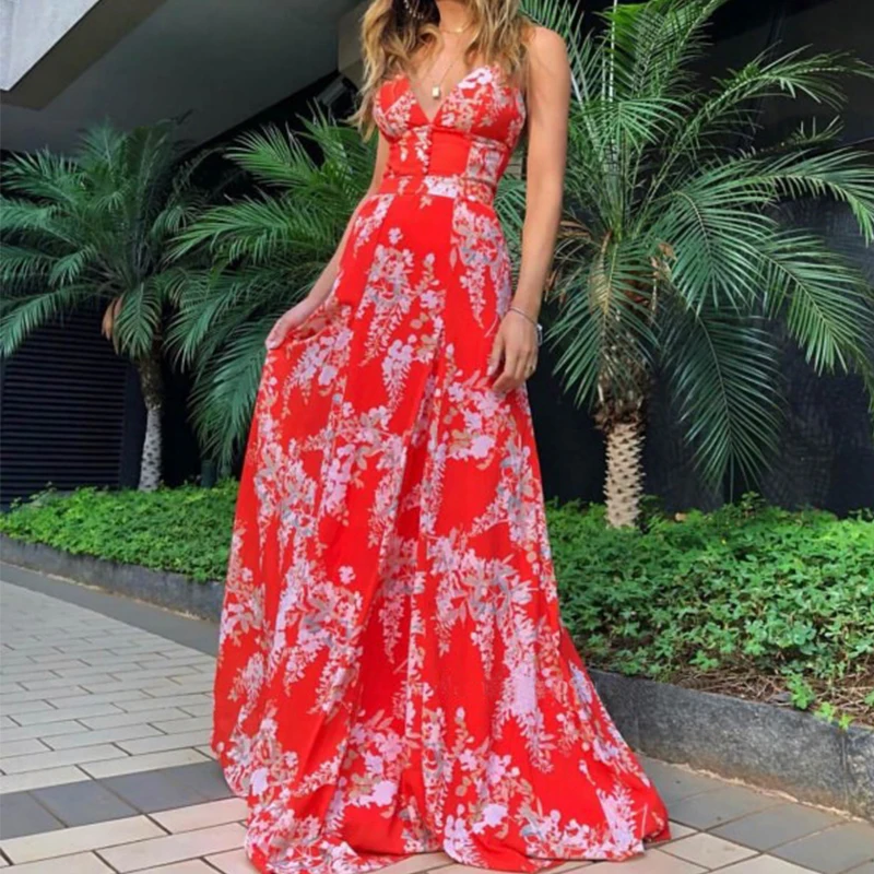 Red Backless floral print long dress 2019 Women Summer Dress Sexy Party Night Bohemian Beach Dresses Elegant Bandage Maxi | Женская