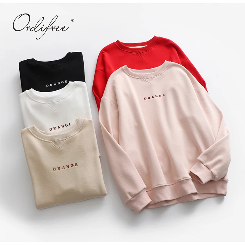 Ordifree Autumn Winter Women Hoodies and Sweatshirt Warm Fleece Letter Print Casual Sweatshirt Pullover