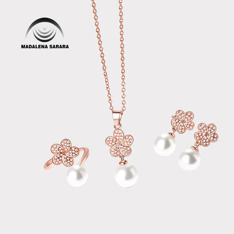 

MADALENA SARARA Flower Style AAAA Cubic Zirconia AAA 8mm Freshwater Pearl S925 Plated pendant chain Necklace Jewelry Set