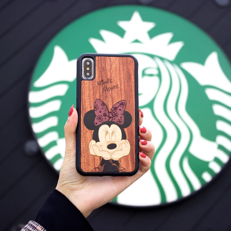 Чехол для мобильного телефона с Микки и Минни из натурального дерева для Iphone 6 s 7 8 plus X S Ретро Бизнес-телефон