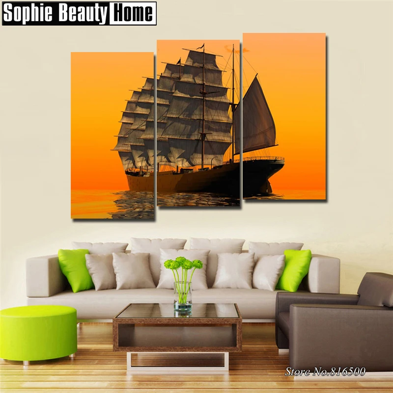Full DIY 5D Diamond Painting Cross Stitch Triptych Sailboat Sunset Embroidery Pattern Mosaic Home Decor 062502 | Дом и сад