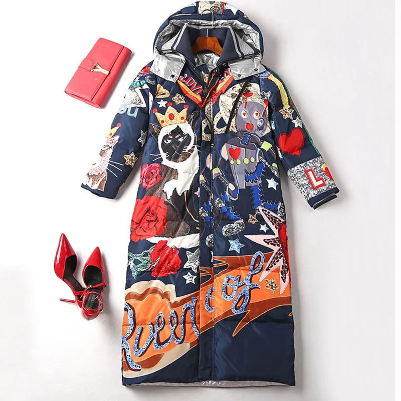2019 New Women Winter Long Thick Duck Down Jacket Coat Femme Cartoon Cat Print Harajuku Feather Puffer Jacket Down Parka W58