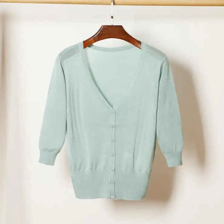 gray blue Queechalle 28 цвета V средства ухода за кожей Шеи Три четверти короткий вязаный кардиган пальто лето г. для женщин Ice Шелковый Тонкий пальт - Цвет: gray blue