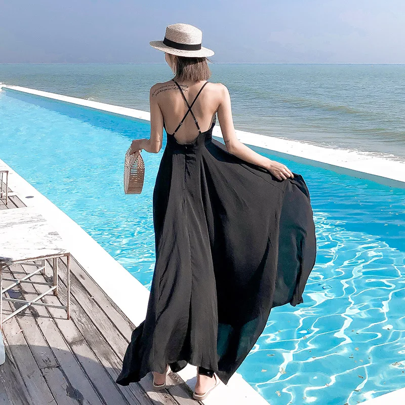 

Summer Black Sexy Halter Sling Club Dress Vestidos Fashion Bohemian Loose Casual V-neck Bandage Beach Resort Midi Party Dress