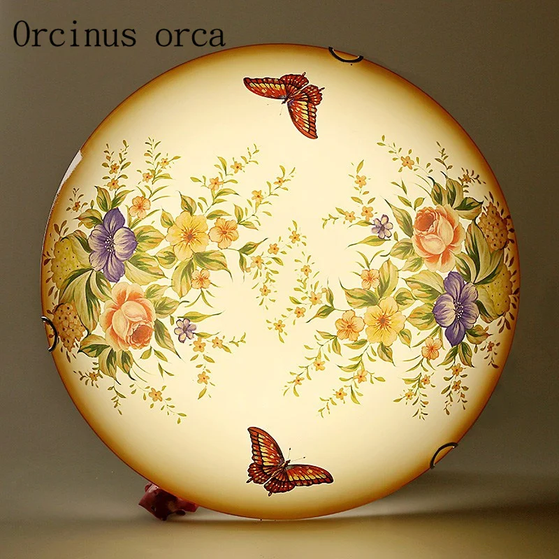 

American handmade flowers and plants led ceiling lamp living room balcony aisle country glass printing ceiling lamp