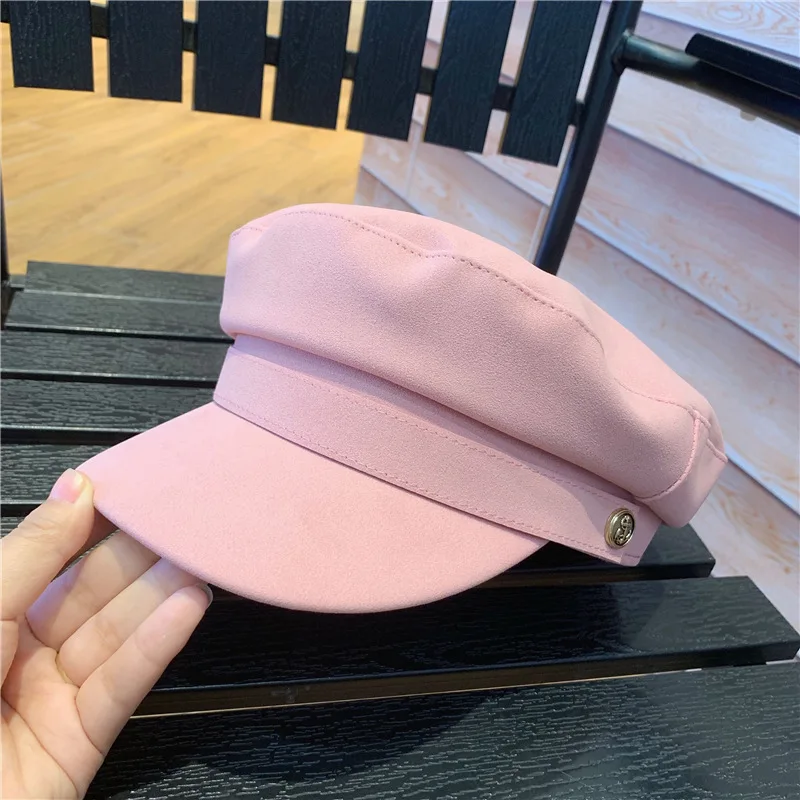 Pink Модные зимние шляпы для женщин, Имитация кожаной кепки, осенняя женская шапка, белый топ на плоской подошве, женская военная шляпа, розовые замшевые кепки - Цвет: Pink
