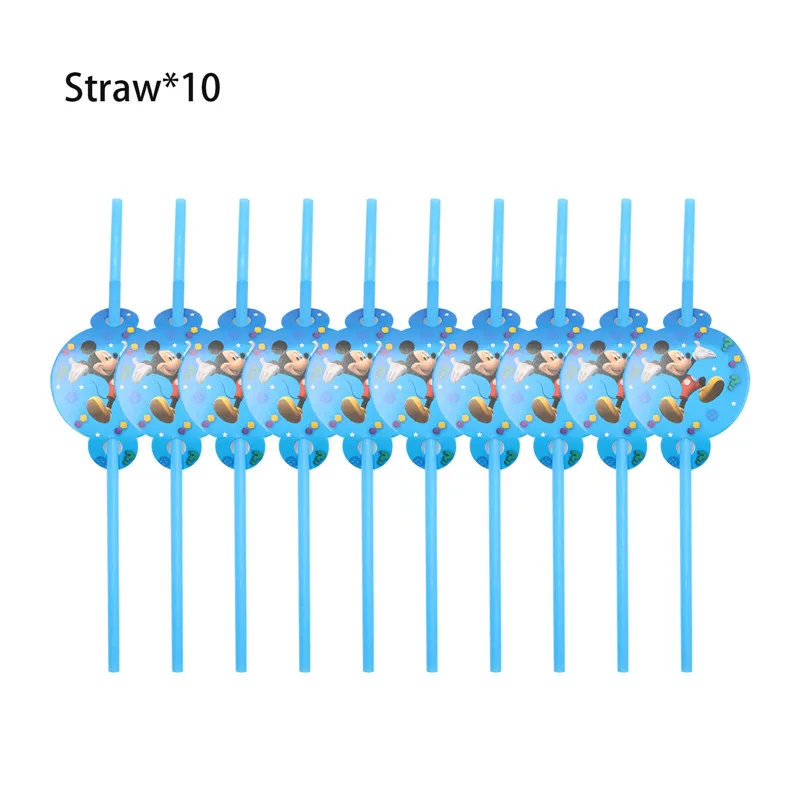 Straw 10pcs Микки Маус с днем рождения украшения одноразовые столовые приборы чашка тарелка соломенные салфетки мальчик синие вечерние принадлежности детский душ - Цвет: Straw 10pcs