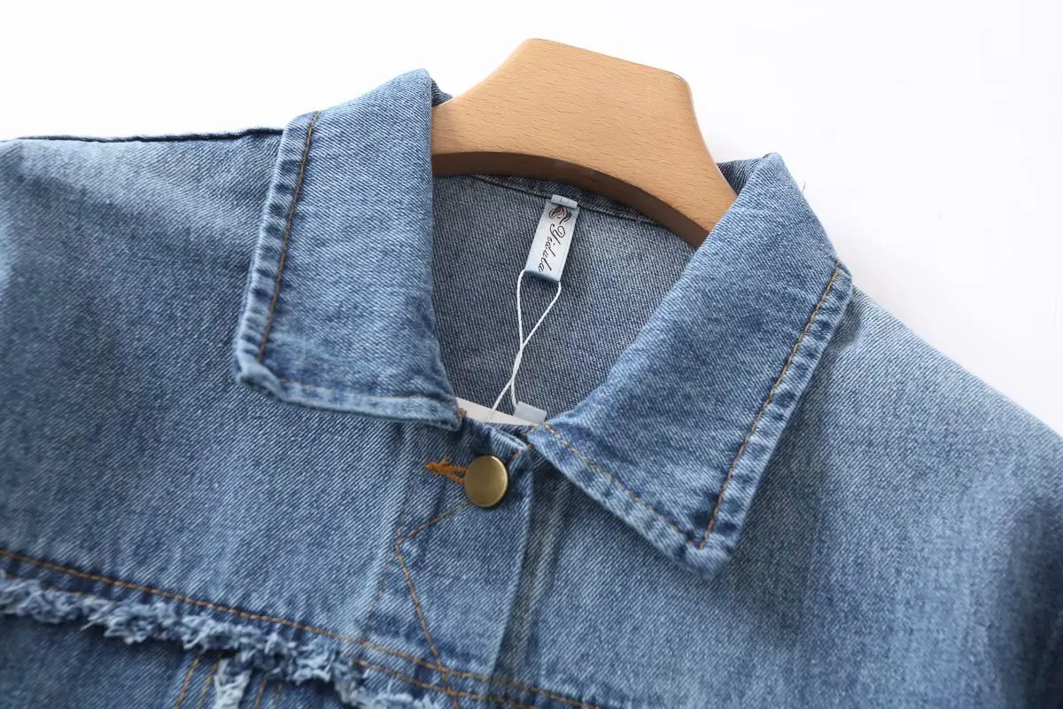 High quality 2020 spring and autumn contrast color sleeve lapel broken denim jacket | Женская одежда