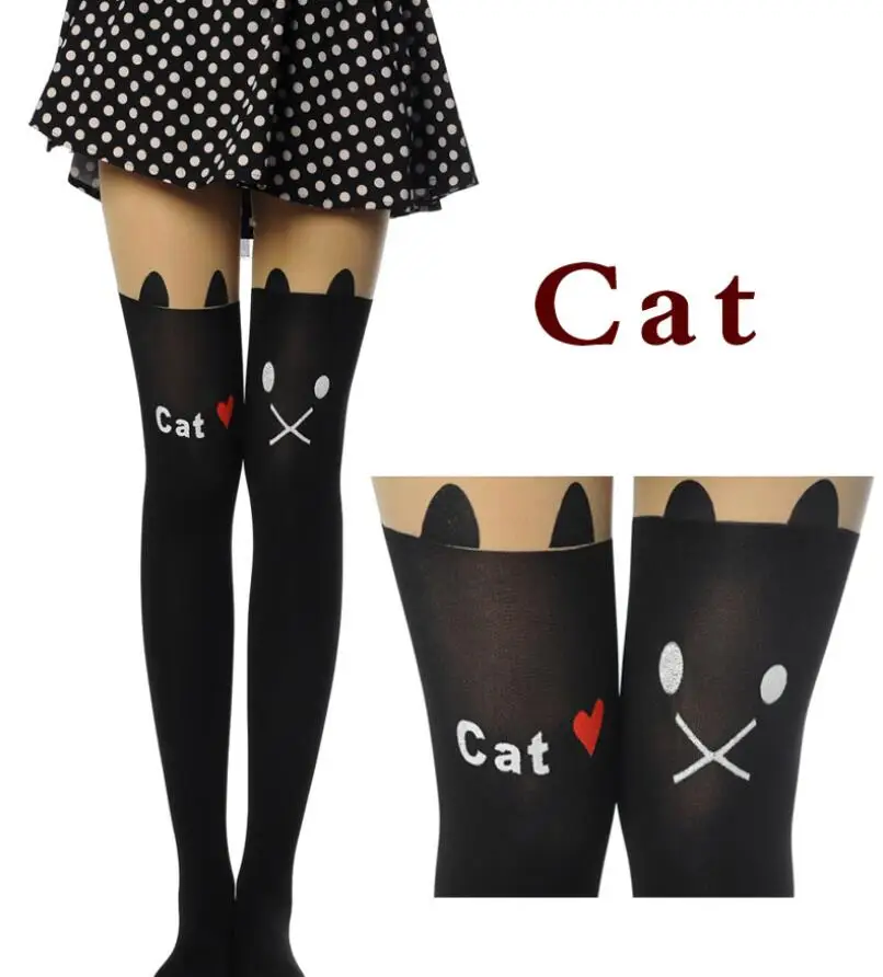 W024 CAT VISNXGI, новинка, черные, белые, кошачий хвост, лоскутные колготки с Тоторо, бархатные тату чулки, женские колготки, колготки, сексуальные колготки - Цвет: W024 CAT