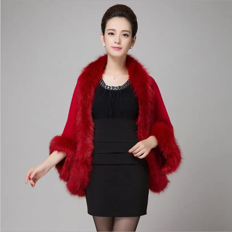 

2017 autumn and winter new ladies elegant fur cape long sleeve bats faux fox collar knitting shawl jacket fur coat for women