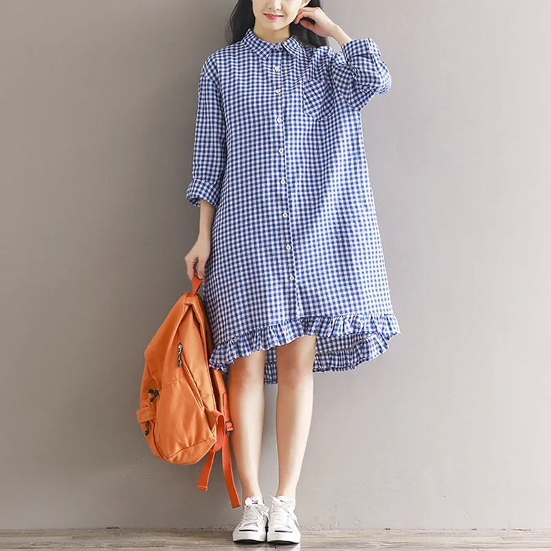 Платье женское льняное в клетку цвет синий черный размер M-2XL | Женская одежда