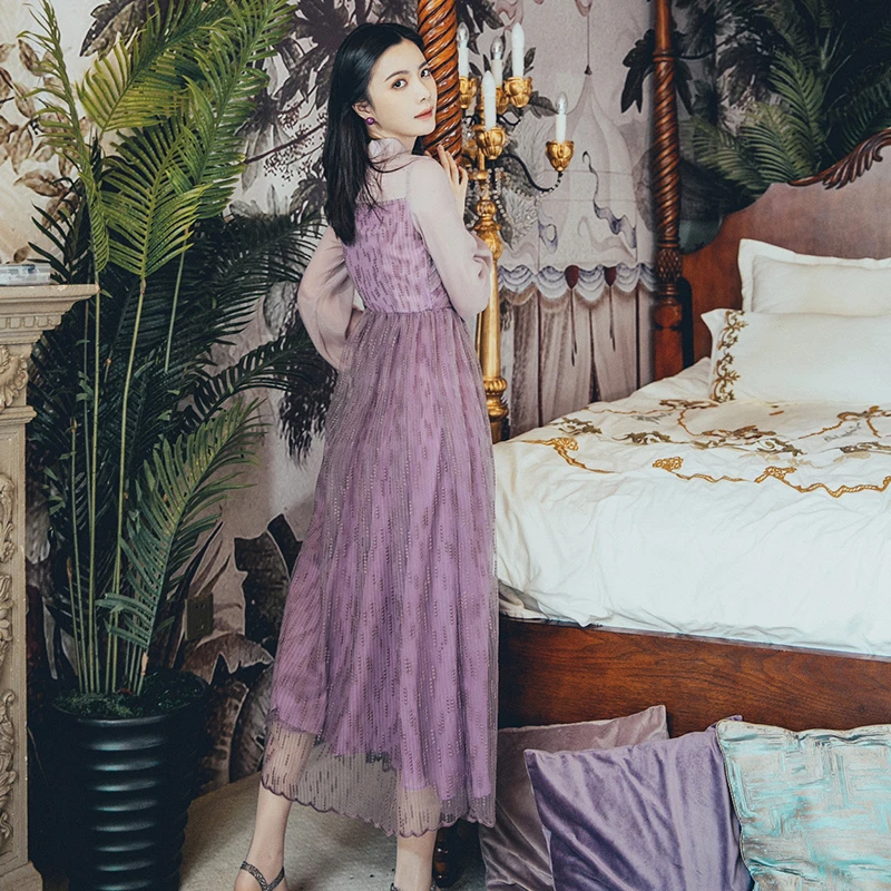 Женское винтажное Лавандовое Сетчатое платье новые весенние вечерние платья с