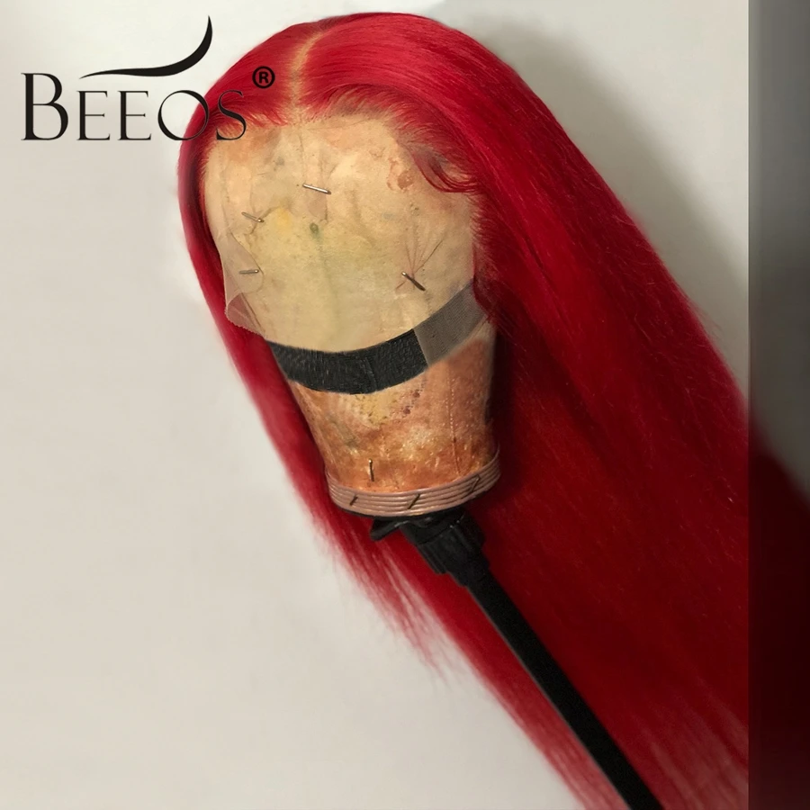 Beeos Красные 13*6 парики из натуральных волос на кружеве для женщин прямые парики из перуанских волос
