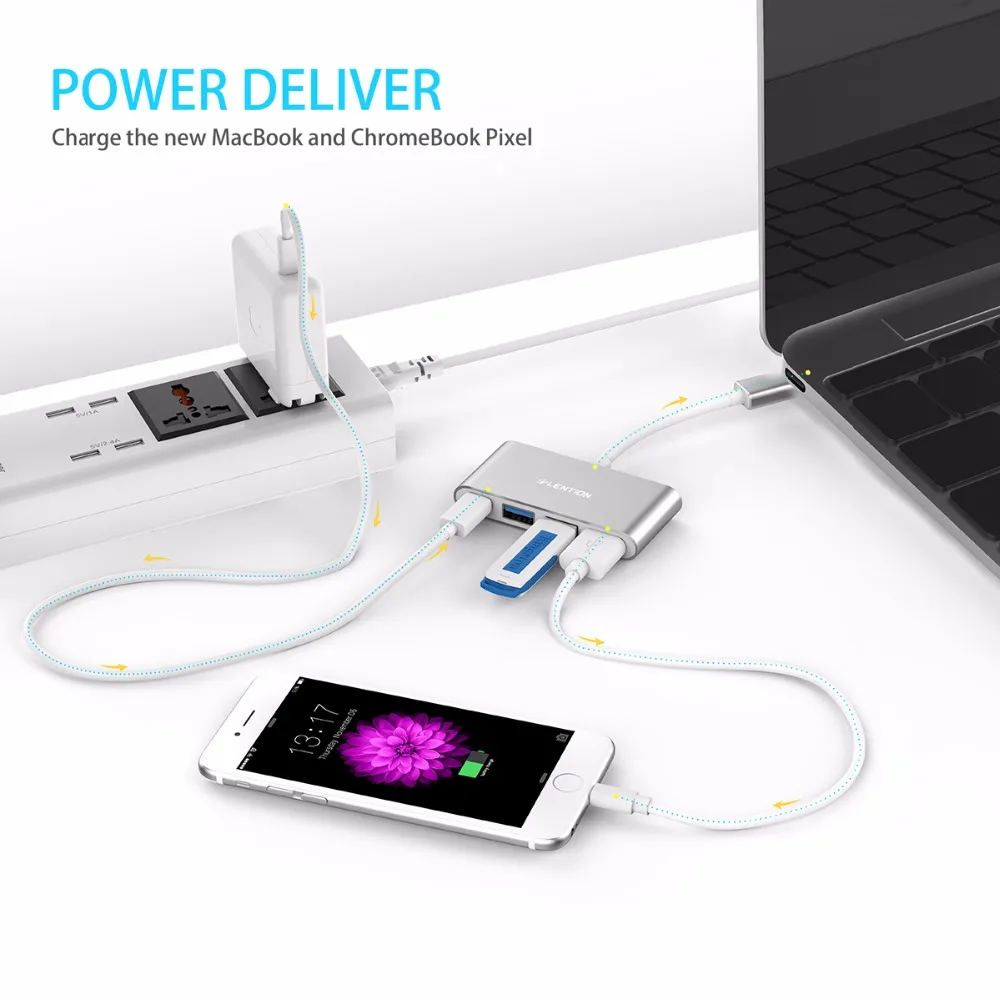 LENTION Thunderbolt 3 Type-C Super Speed OTG Adapter USB C PD Charging Power Delivery with 3.0 3-Port Converter Hub |